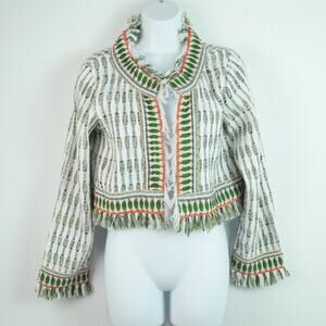Boho Cropped Jacket Embroidered Fringe Open Front Festival Hippie Large Cotton